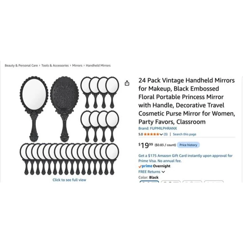 24 Pack Vintage Handheld Mirrors for Makeup, Black Embossed Floral Portable